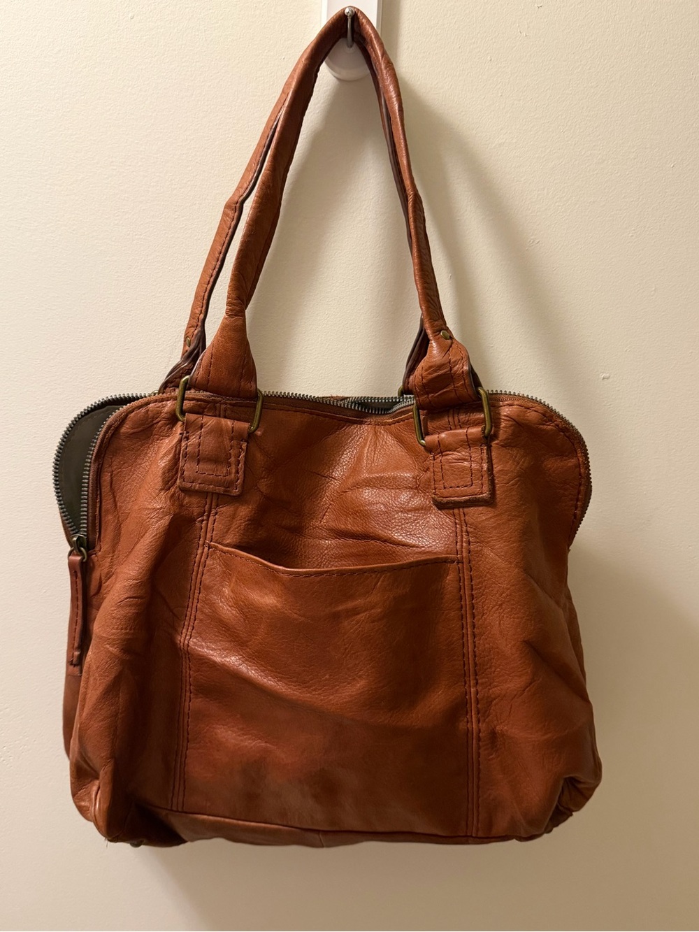 American Leather Co Cognac Genuine Leather Satchel Shoulder Bag Boho - Picture 8 of 11